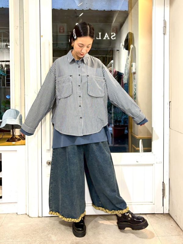 藍色條紋立體口袋襯衫 