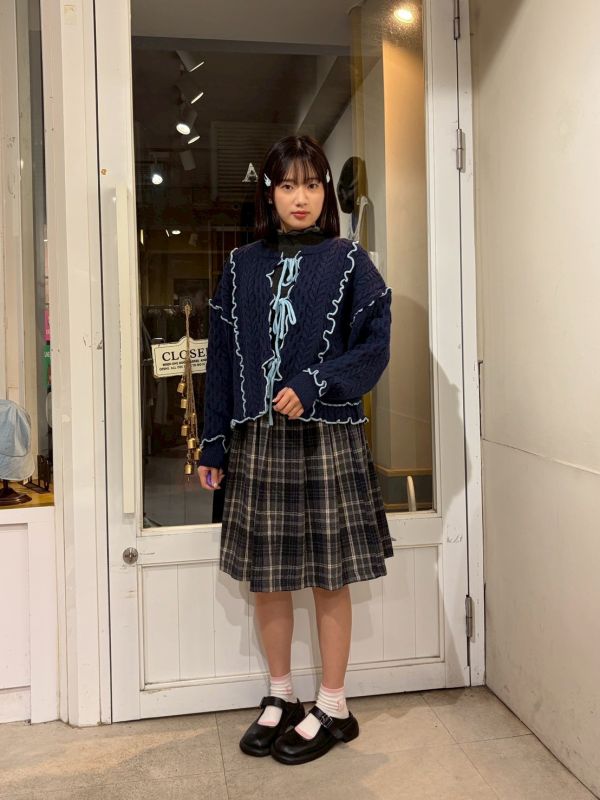 粗針織毛線撞色滾邊綁帶長袖外套 