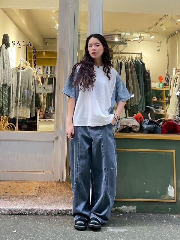 後口袋圓弧車線後鬆緊水洗彎刀褲 