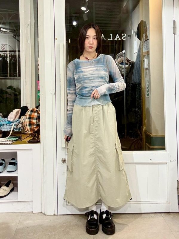 伸縮腰刷刷布兩側立體大口袋下擺抽繩A字長裙 