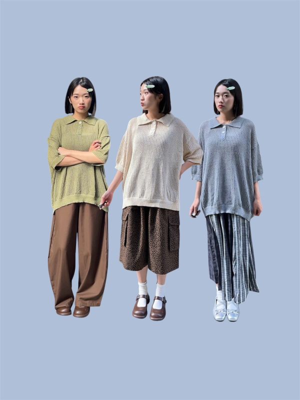 網格鏤空胸前排扣翻領上衣 