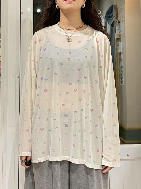 滿版彩色圖案落肩寬鬆透膚長版上衣 