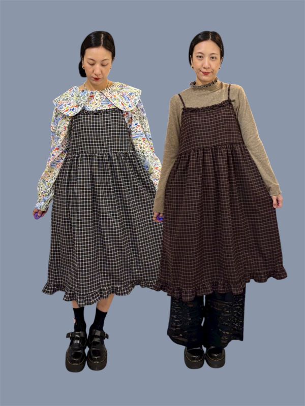 木耳滾邊格紋吊帶洋裝 