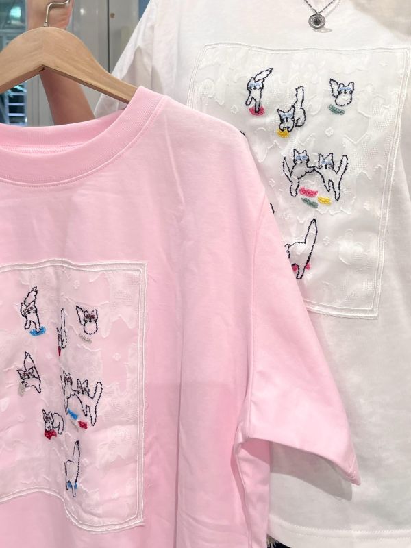 貓咪蕾絲刺繡短袖上衣 