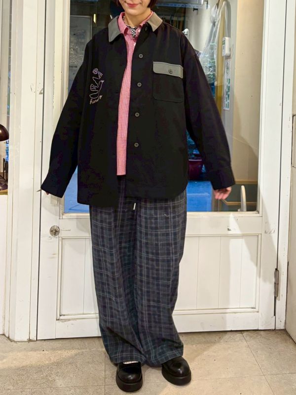 伸縮腰抽繩薄毛呢格紋褲 