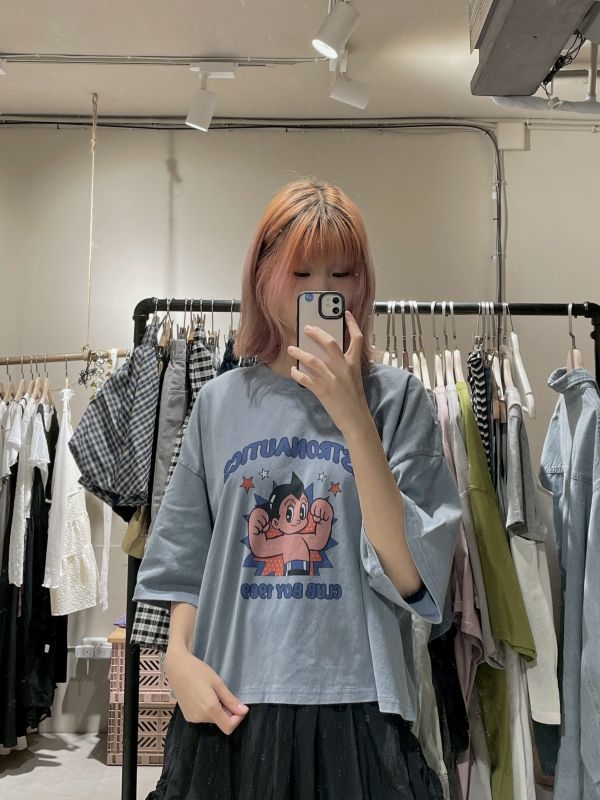 水洗藍原子小金剛落肩短版Tee 