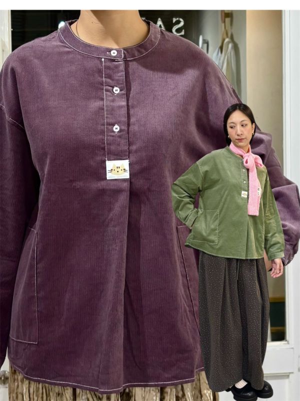 細燈芯絨貓頭布標上衣 