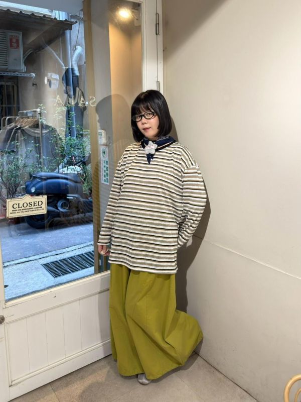 條紋撞色落肩寬鬆長袖上衣 