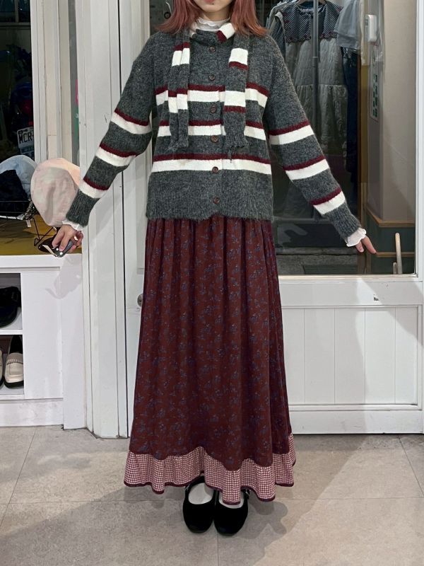 橫條紋針織排扣外套附圍巾 