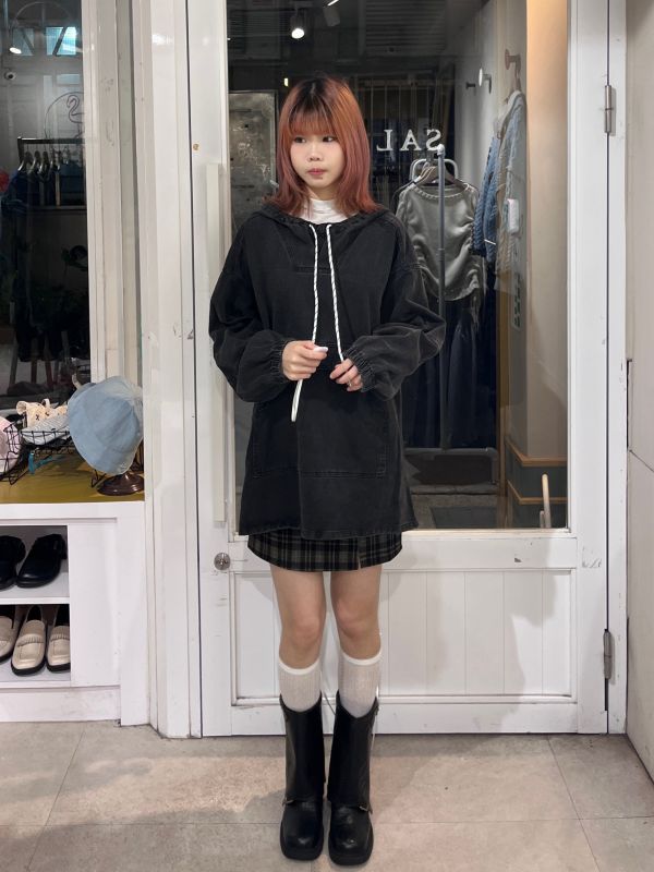 前短後長連帽抽繩大口袋牛仔長袖上衣 