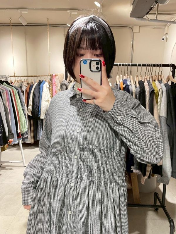 抓皺收腰設計排扣長袖洋裝 