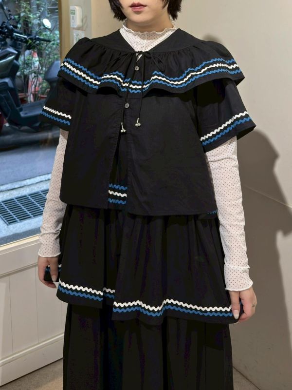 波浪紋吊帶洋裝+波浪紋短袖綁帶襯衫兩件式套裝 