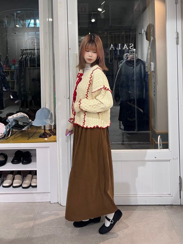 粗針織毛線撞色滾邊綁帶長袖外套 