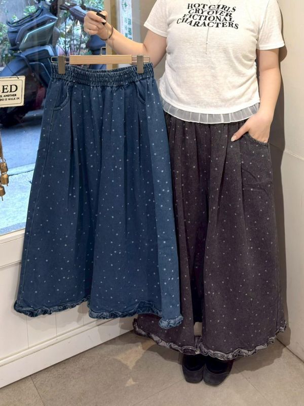 小星星荷葉滾邊鬆緊腰九分牛仔褲 