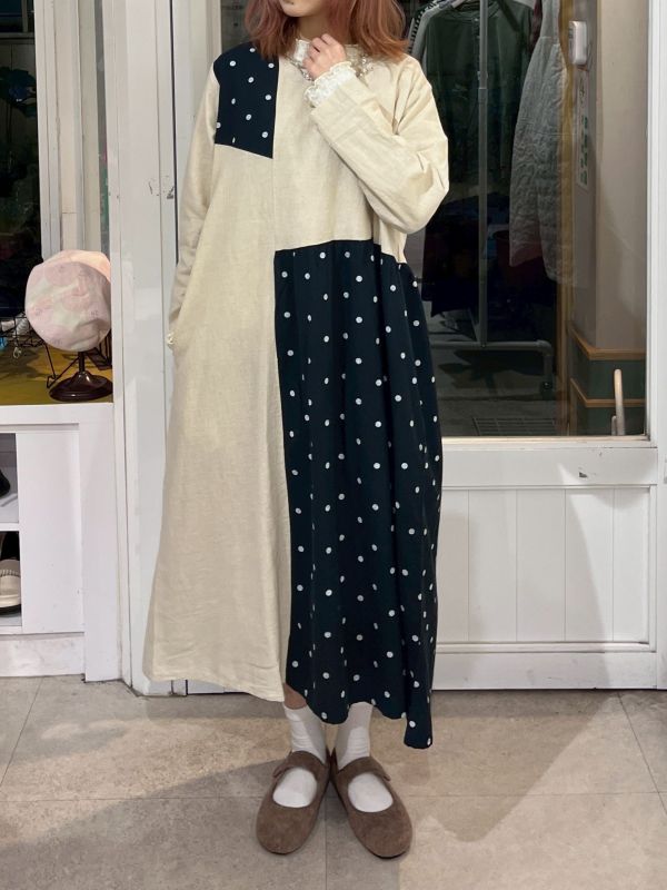 棉麻拼接波點長袖洋裝 