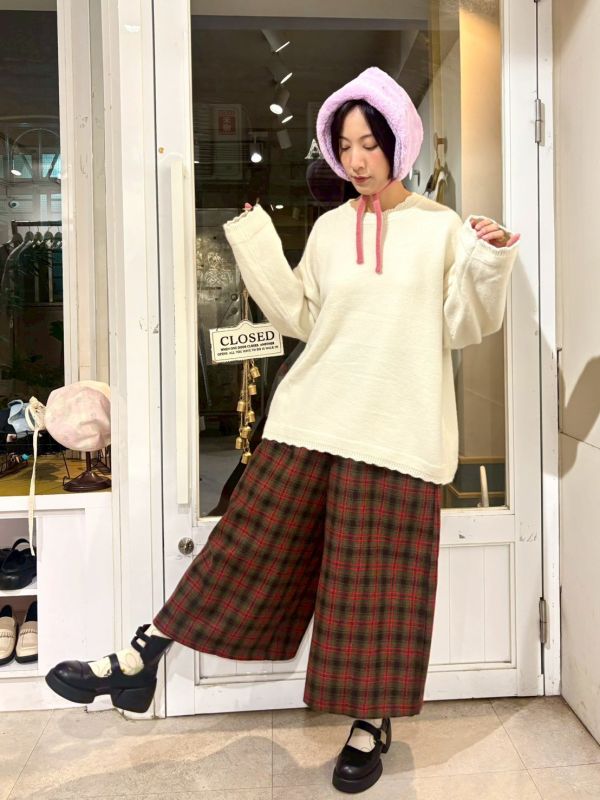 紅棕格紋九分寬褲裙 