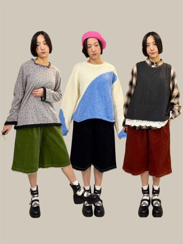 伸縮腰褲腳車縫線燈芯絨短褲 