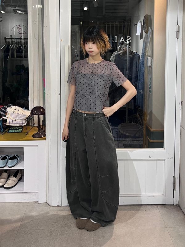 彩色波點渲染透膚短袖上衣 