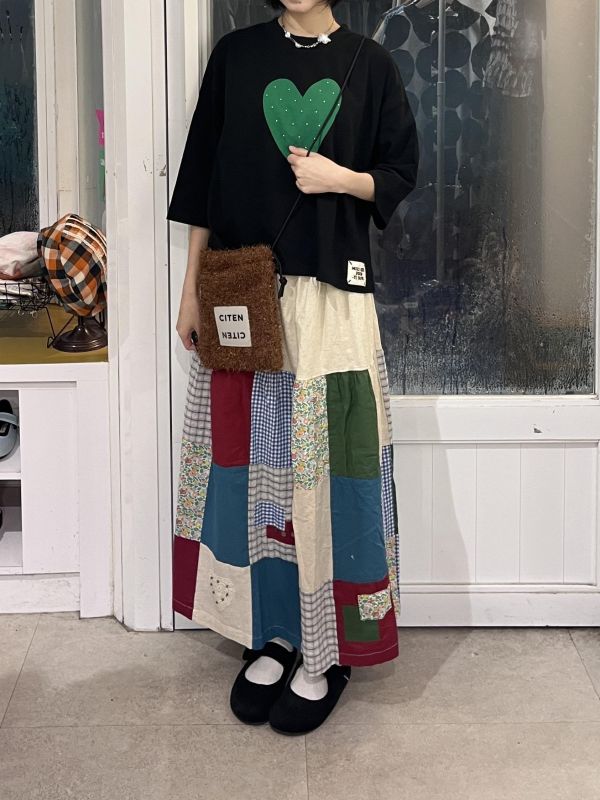 棉麻碎花格紋拼布長裙 