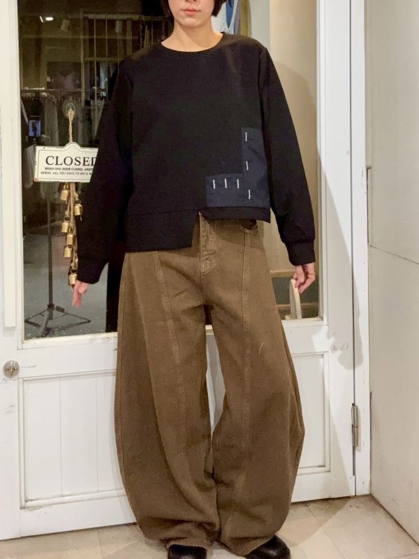 下擺裁切異材質拼接長袖上衣 