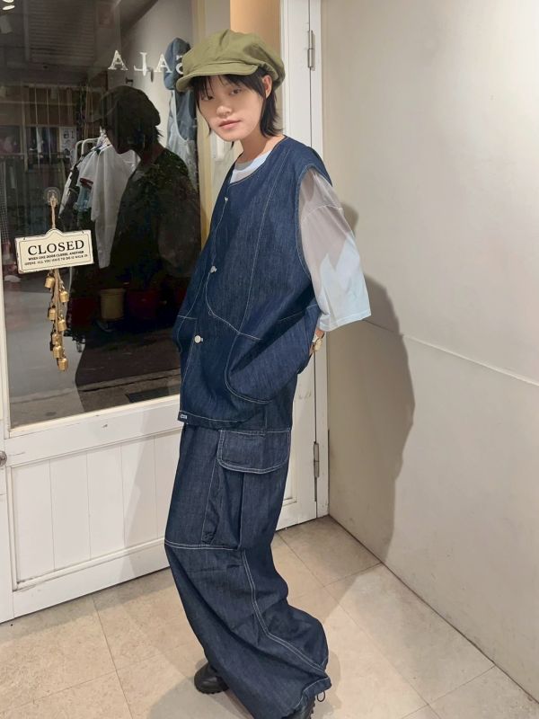 率性雙側口袋設計車線落地牛仔寬褲 