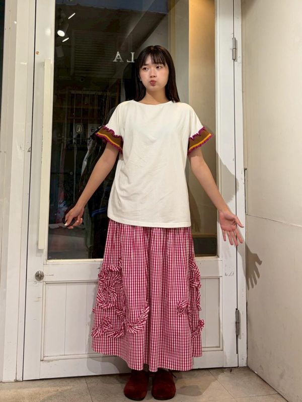 拼接針織立體滾邊袖上衣 