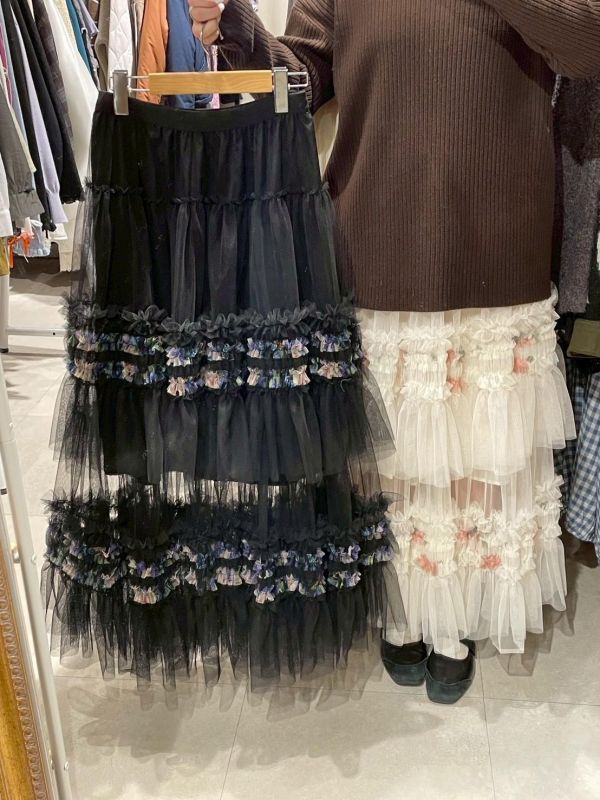 雙層紗奶油擠花拼接傘擺澎澎長裙 