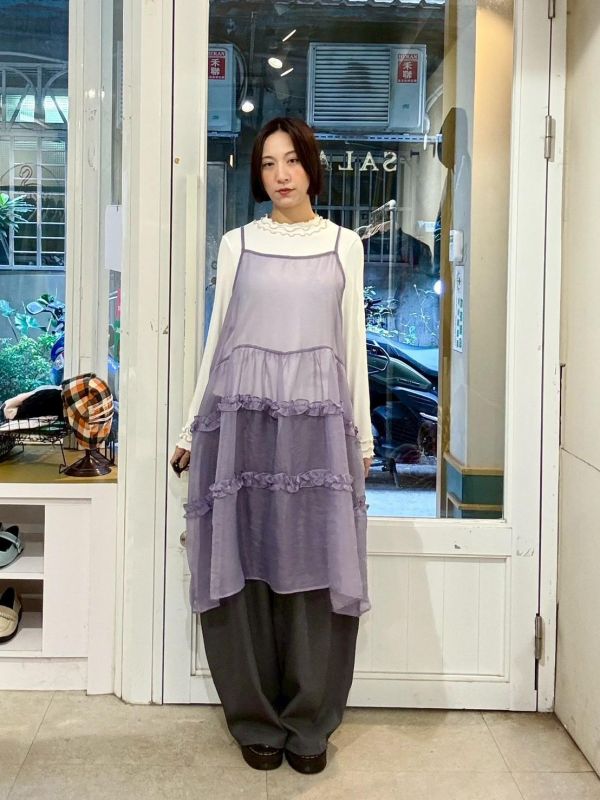 木耳拼接透紗蛋糕吊帶背心洋裝 