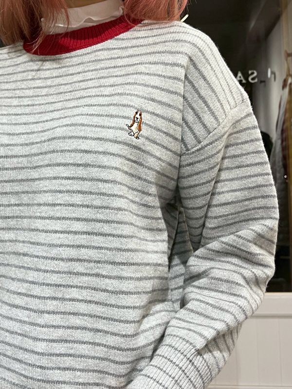 狗狗刺繡條紋針織長袖毛衣 