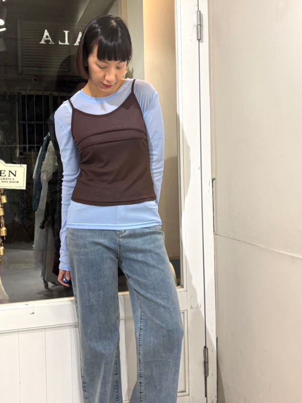 兩件式長袖微透膚內搭+立體皺摺吊帶背心 