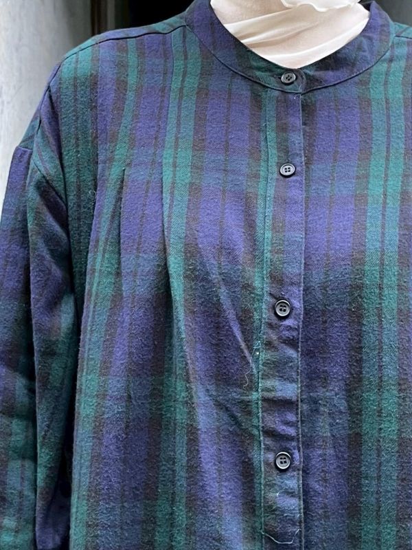 棉麻藍綠圓領排扣長版洋裝 