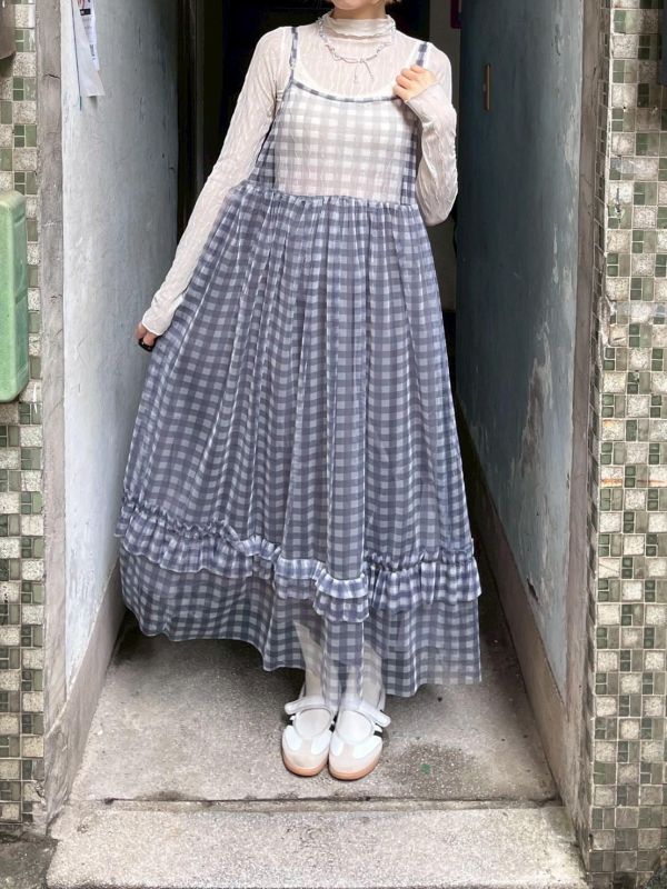 格子雙層紗吊帶背心裙 