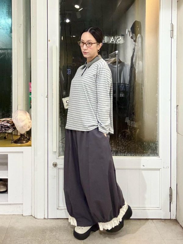 細條紋拼接翻領三顆釦長袖上衣 