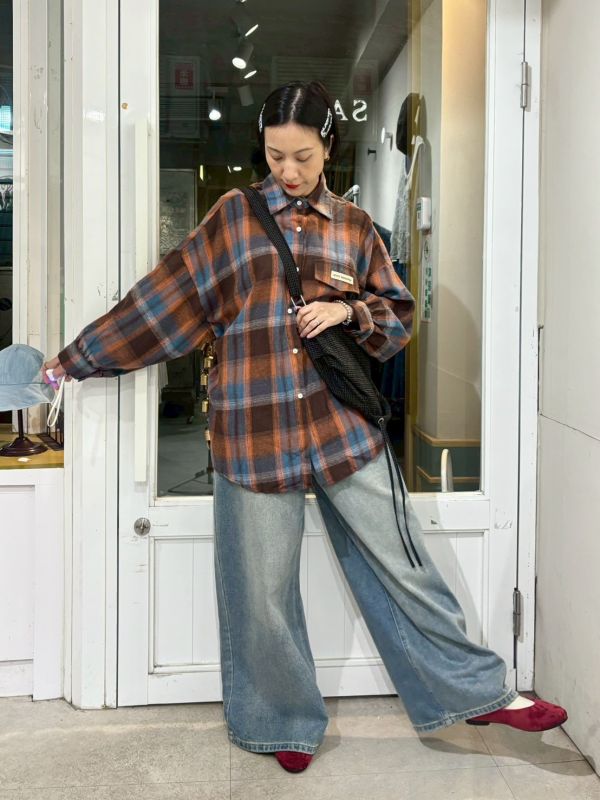 落肩橘藍棕格紋襯衫 