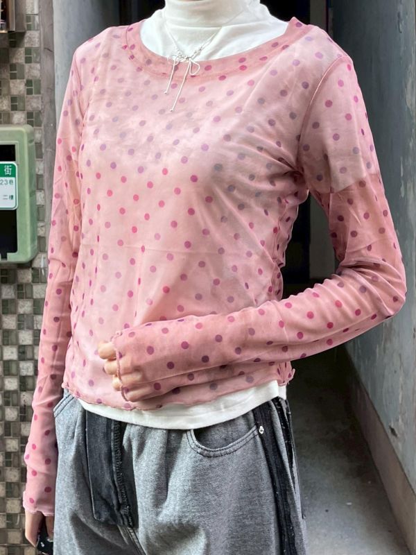 彩色波點渲染透膚長袖上衣 