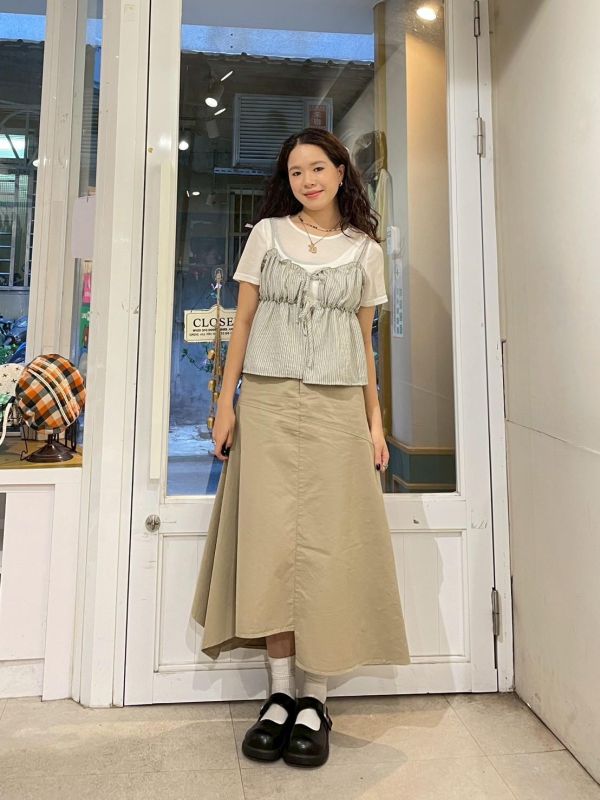 兩件式透膚短袖上衣x可調節細肩抓皺直條紋小背心 