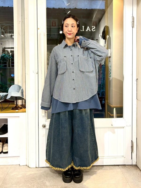 藍色條紋立體口袋襯衫 