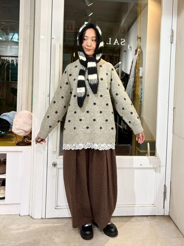 波點下擺拼接蕾絲長版針織毛衣 