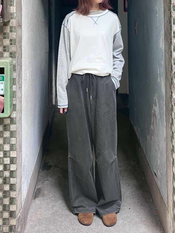 深灰綁帶牛仔打褶長褲 