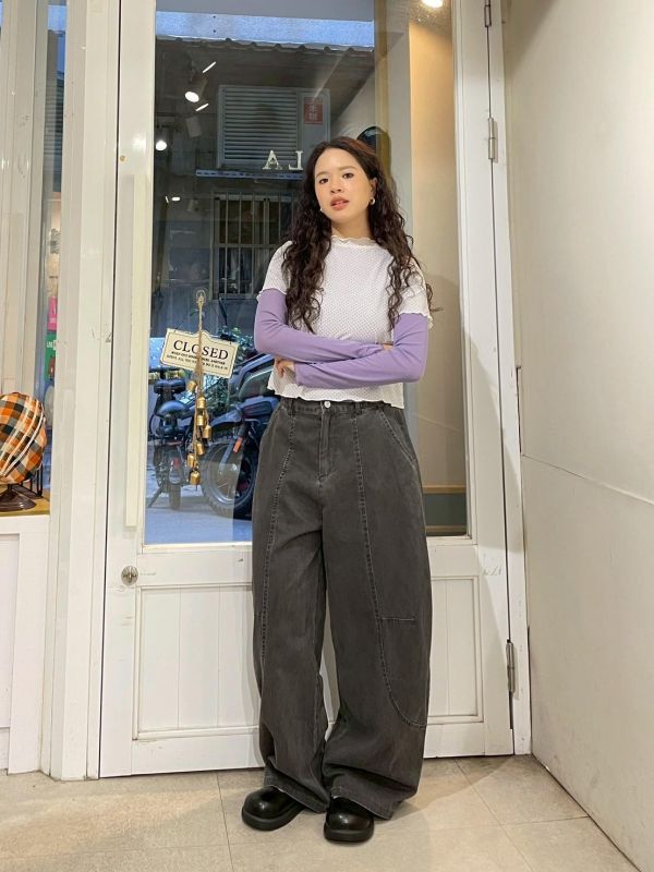 造型圓形車線後鬆緊前後雙口袋繭形牛仔褲 