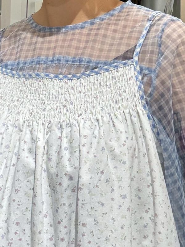 小碎花藍格子滾邊吊帶背心 