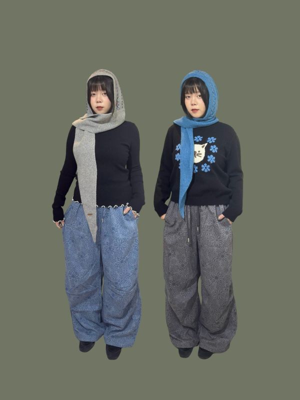 滿版花朵鬆緊腰抽繩打摺長褲 