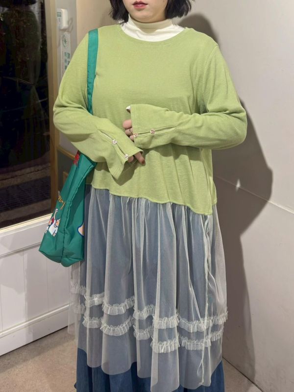 針織花釦長袖拼接滾邊紗洋裝 