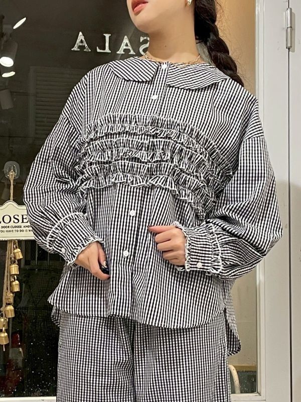 落肩翻領襯衫x鬆緊腰寬褲 黑白格造型捲邊套裝 
