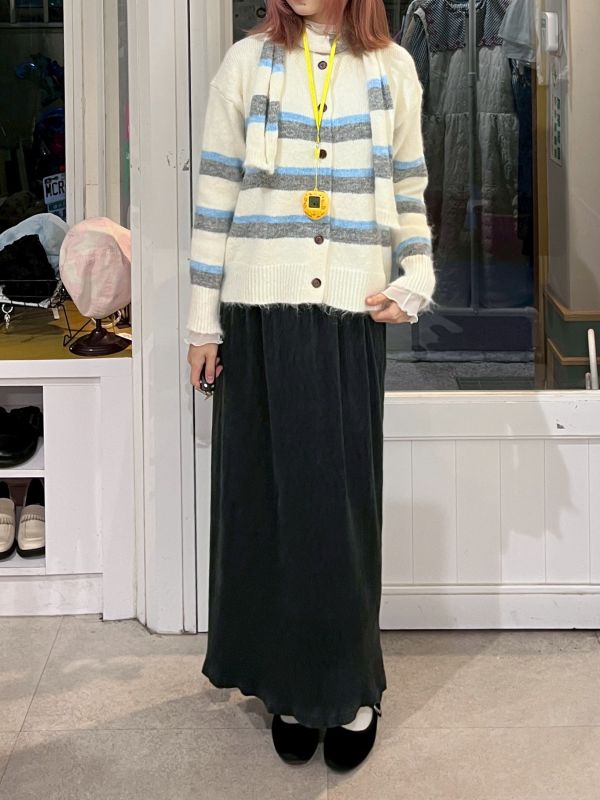 橫條紋針織排扣外套附圍巾 