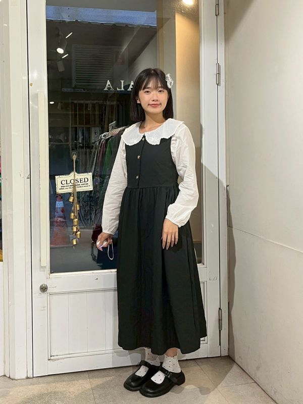 絎縫直紋胸前釦後綁帶長洋裝 