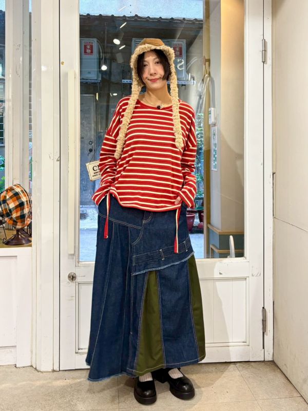 紅白條紋下擺垂繩長袖上衣 