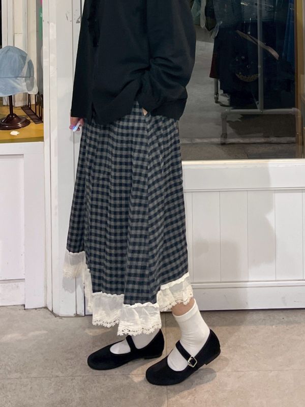 復古格紋拼接蕾絲長裙 