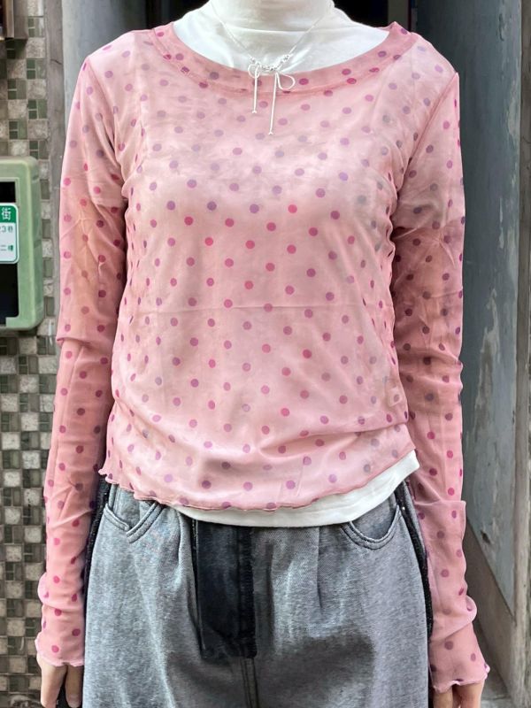 彩色波點渲染透膚長袖上衣 