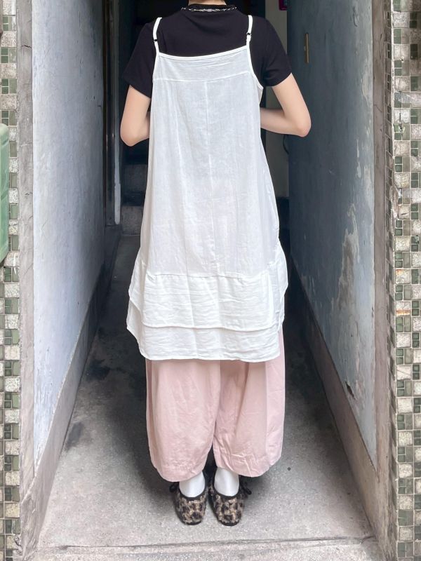 棉麻花邊打摺吊帶背心裙 